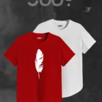 Unisex Kırmızı Beyaz Oval Kesim Tüy Tasarım Tshirt İkili Set - S-alttext1