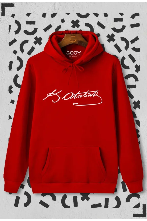 Unisex Kırmızı Gazi M.kemal Atatürk Imza Kapüşonlu Sweatshirt Hoodie - M-alttext1