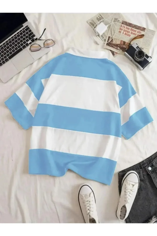 Unisex Mavi Beyaz Çizgili Yarım Fermuarlı Polo Yaka T-Shirt - M-alttext2