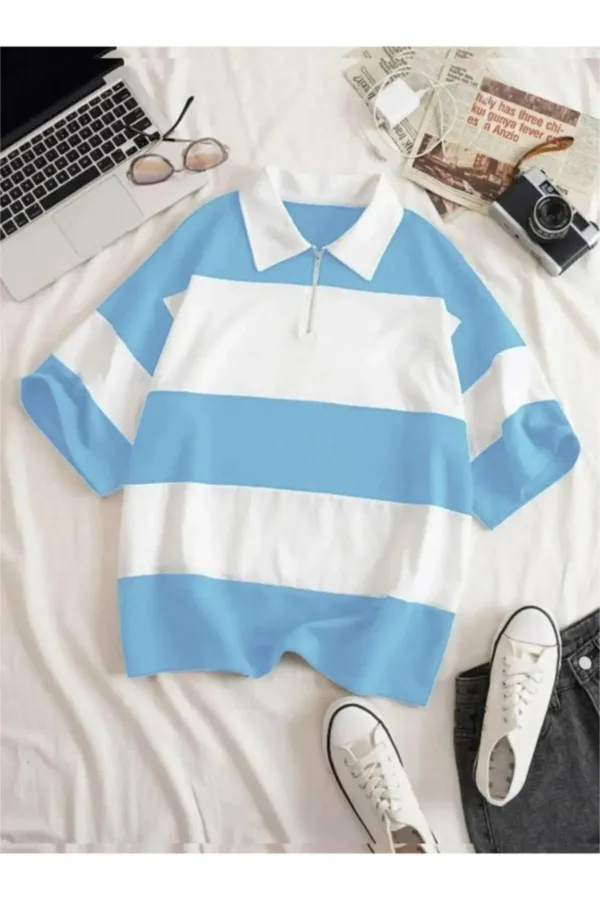 Unisex Mavi Beyaz Çizgili Yarım Fermuarlı Polo Yaka T-Shirt - M-alttext1