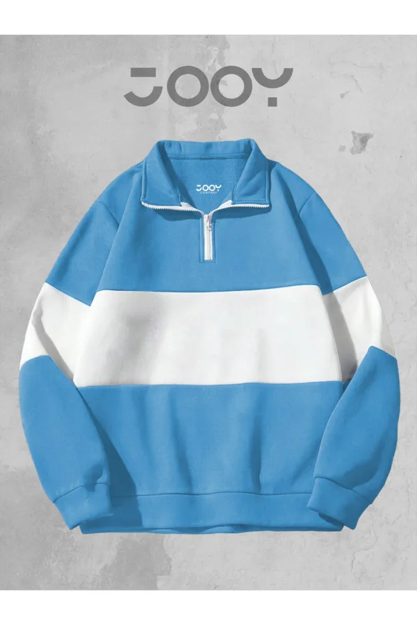 Unisex Mavi Beyaz Tek Parçalı Yarım Fermuarlı 3 iplik Sweatshirt-alttext1