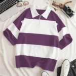 Unisex Mor Beyaz Çizgili Yarım Fermuarlı Polo Yaka T-Shirt - M-alttext1