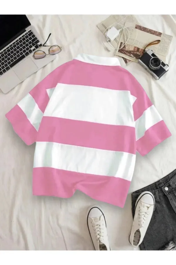 Unisex Pembe Beyaz Çizgili Yarım Fermuarlı Polo Yaka T-Shirt - L-alttext2