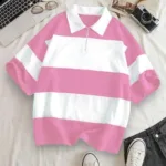 Unisex Pembe Beyaz Çizgili Yarım Fermuarlı Polo Yaka T-Shirt - L-alttext1