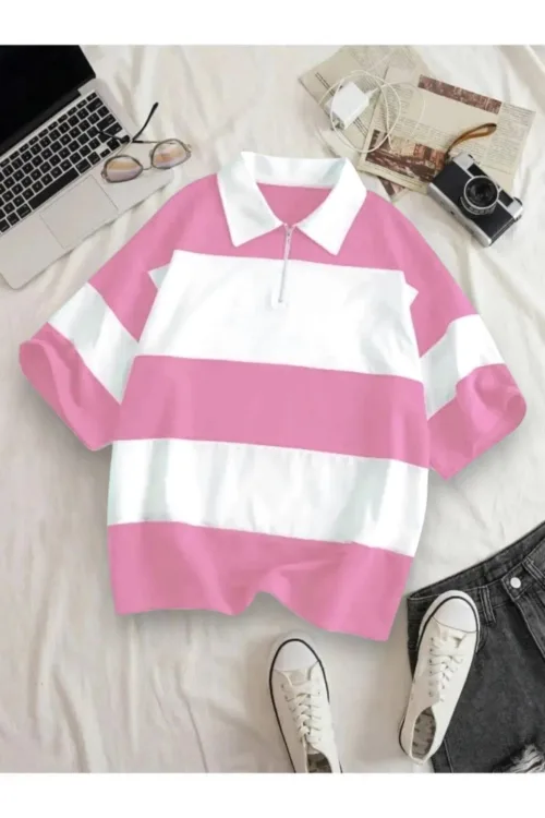 Unisex Pembe Beyaz Çizgili Yarım Fermuarlı Polo Yaka T-Shirt