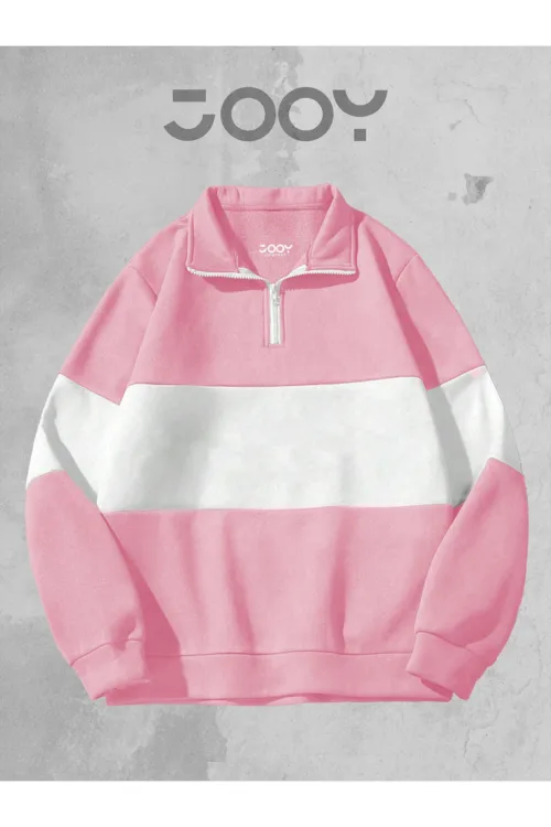 Unisex Pembe Beyaz Tek Parçalı Yarım Fermuarlı 3 iplik Sweatshirt