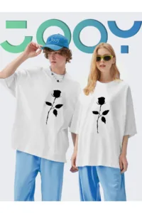 Unisex Sevgili Kombini Gül Tasarım Beyaz Oversize Tshirt 2'li Set-alttext1