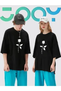 Unisex Sevgili Kombini Gül Tasarım Siyah Oversize Tshirt 2'li Set-alttext1