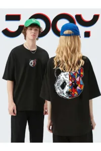 Unisex Sevgili Kombini Tokyo Panda Oversize Siyah Tshirt 2'li Set-alttext1
