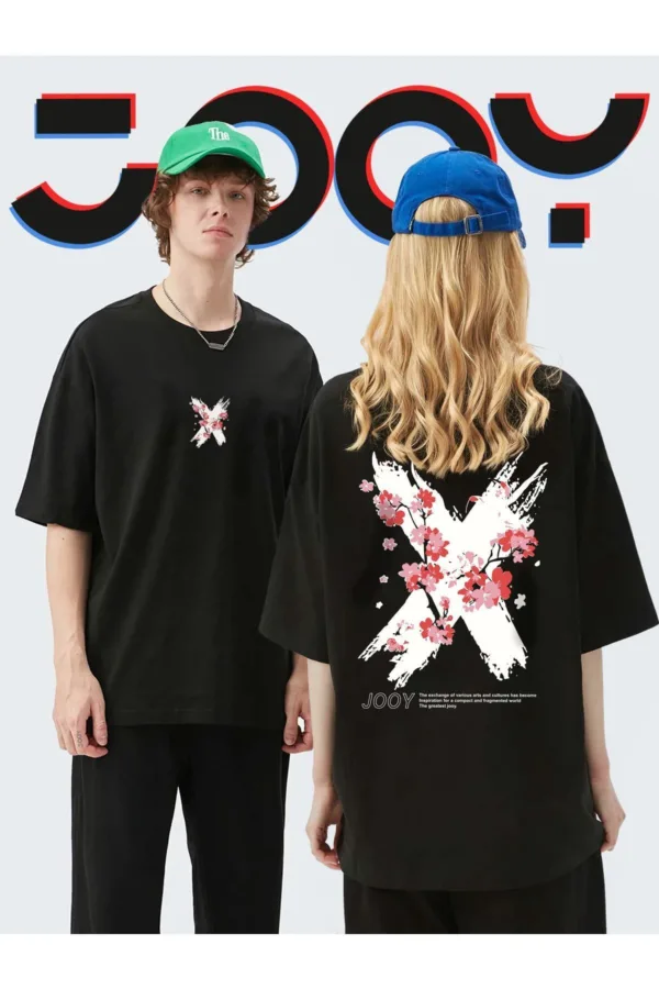 Unisex Sevgili Kombini X Flowers Siyah Oversize Tshirt 2'li Set-alttext3