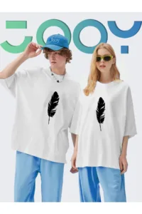 Unisex Sevgili Kombini Yaprak Tasarım Beyaz Oversize Tshirt 2'li Set-alttext1