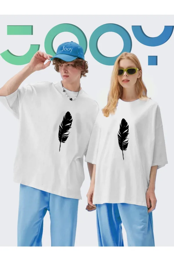 Unisex Sevgili Kombini Yaprak Tasarım Beyaz Oversize Tshirt 2'li Set - S/M-alttext1