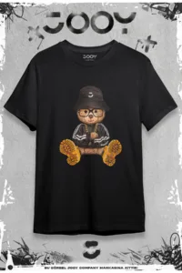 Unisex Siyah Ayıcık Baskılı Oversize Tshirt-alttext1