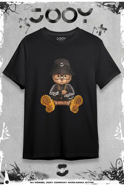Unisex Siyah Ayıcık Baskılı Oversize Tshirt