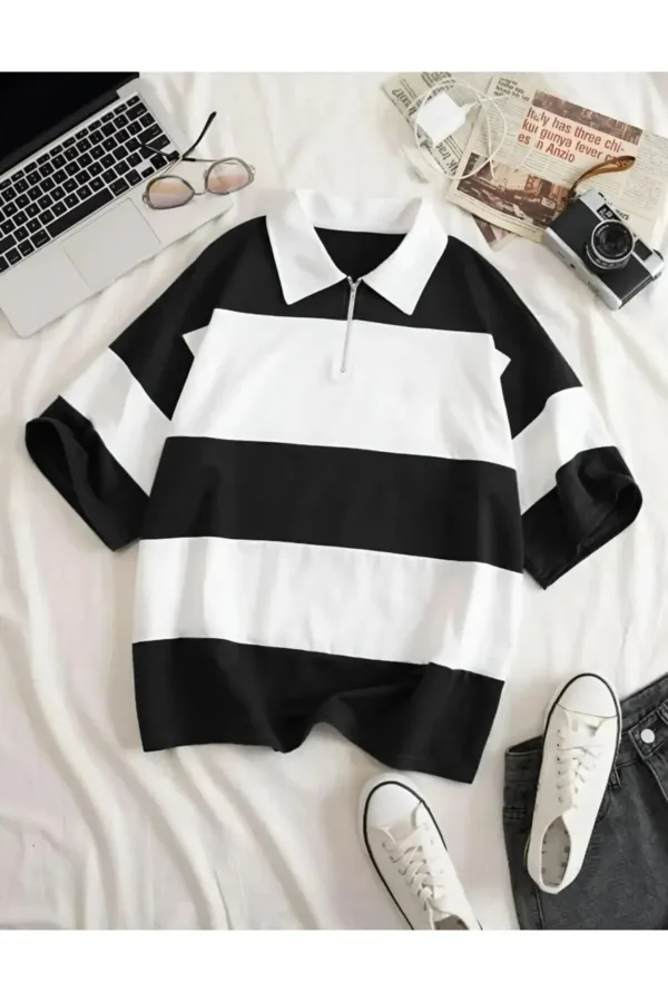 Unisex Siyah Beyaz Çizgili Yarım Fermuarlı Polo Yaka T-Shirt - XL-alttext1