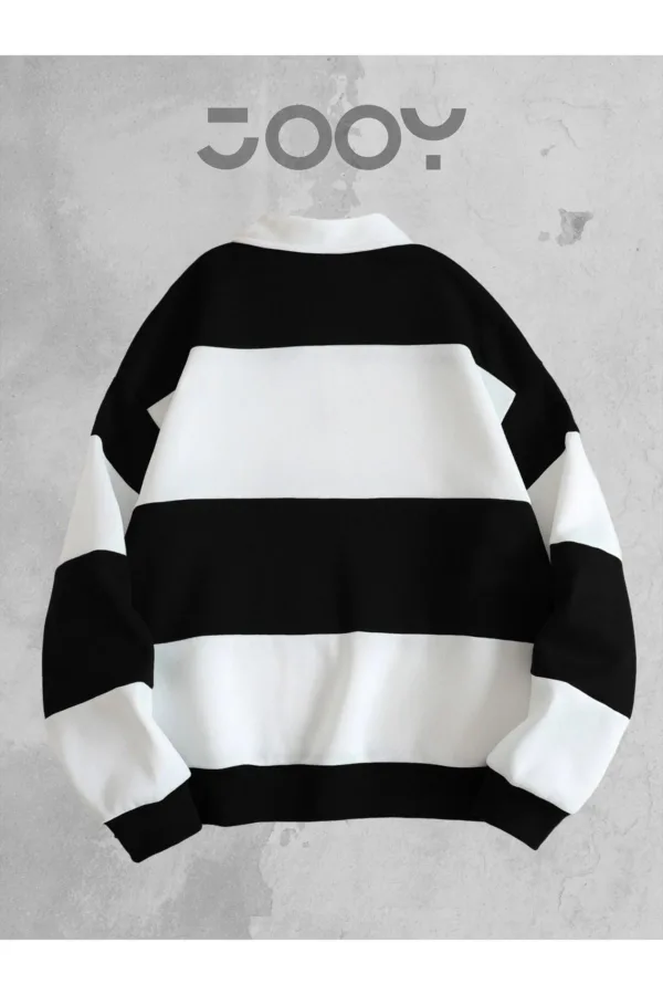 Unisex Siyah Beyaz Polo Yaka Fermuarlı Parçalı Sweatshirt - XL-alttext2