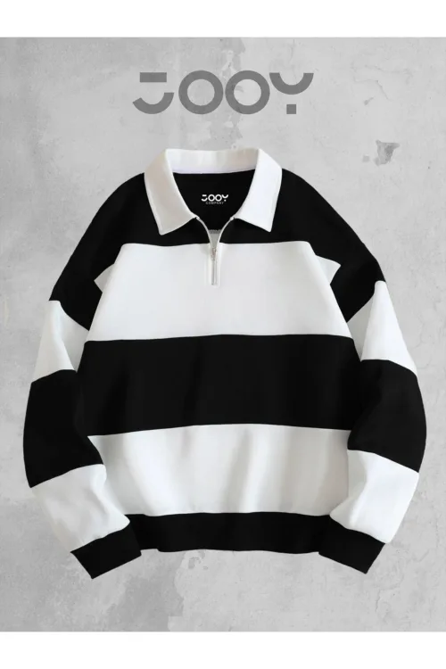 Unisex Siyah Beyaz Polo Yaka Fermuarlı Parçalı Sweatshirt