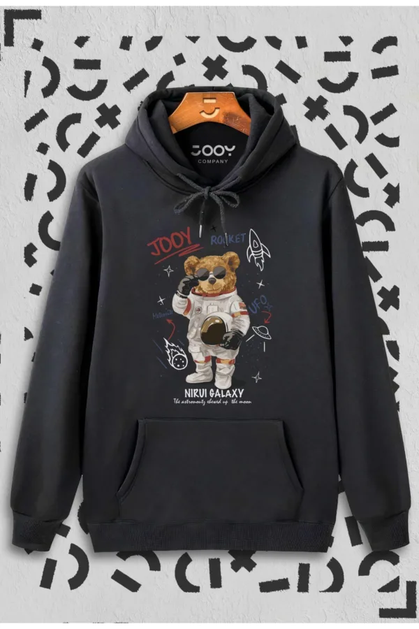 Unisex Siyah Galaxy Bear Kapüşonlu Sweatshirt - L-alttext1