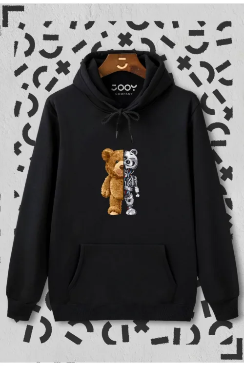 Unisex Siyah Robotic Bear Baskılı Kapüşonlu Sweatshirt