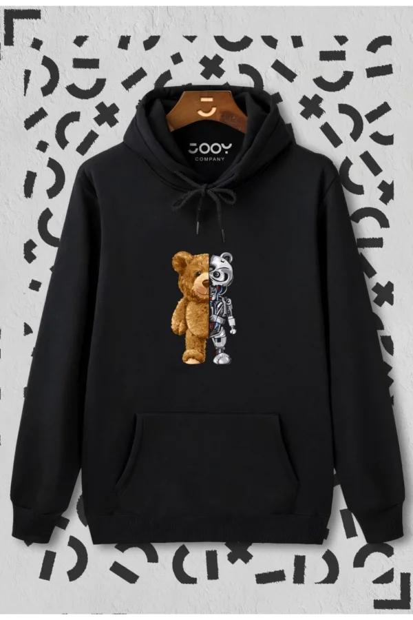 Unisex Siyah Robotic Bear Baskılı Kapüşonlu Sweatshirt - L-alttext1