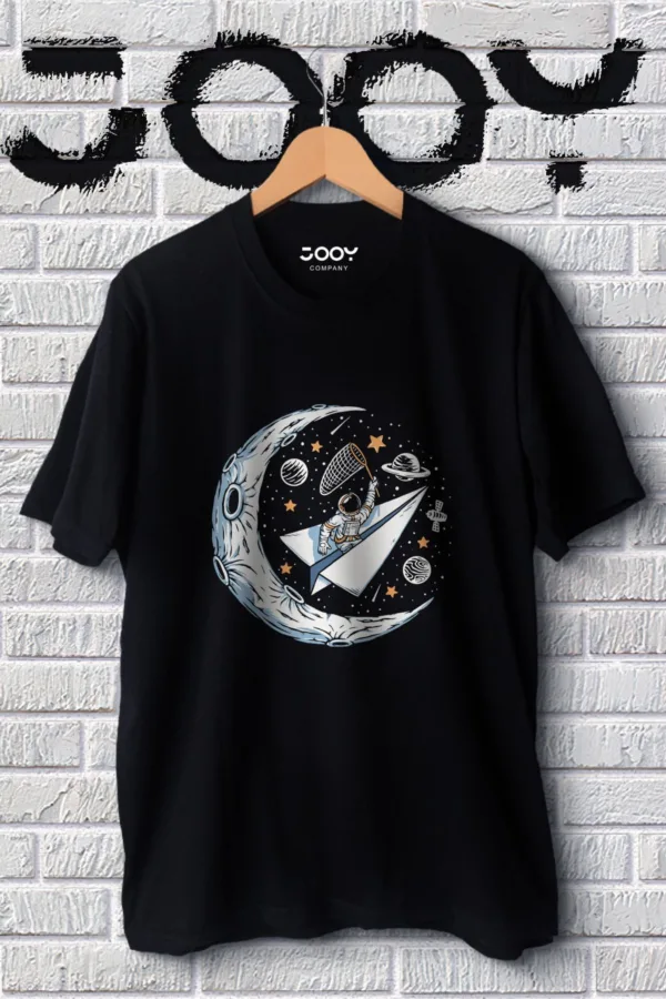 Unisex Siyah Uzay Ve Ay Baskılı Oversize Tshirt - XL-alttext1