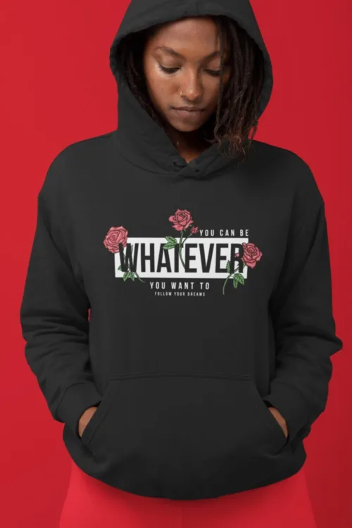 Unisex Siyah Whatever Rose Kapüşonlu Sweatshirt