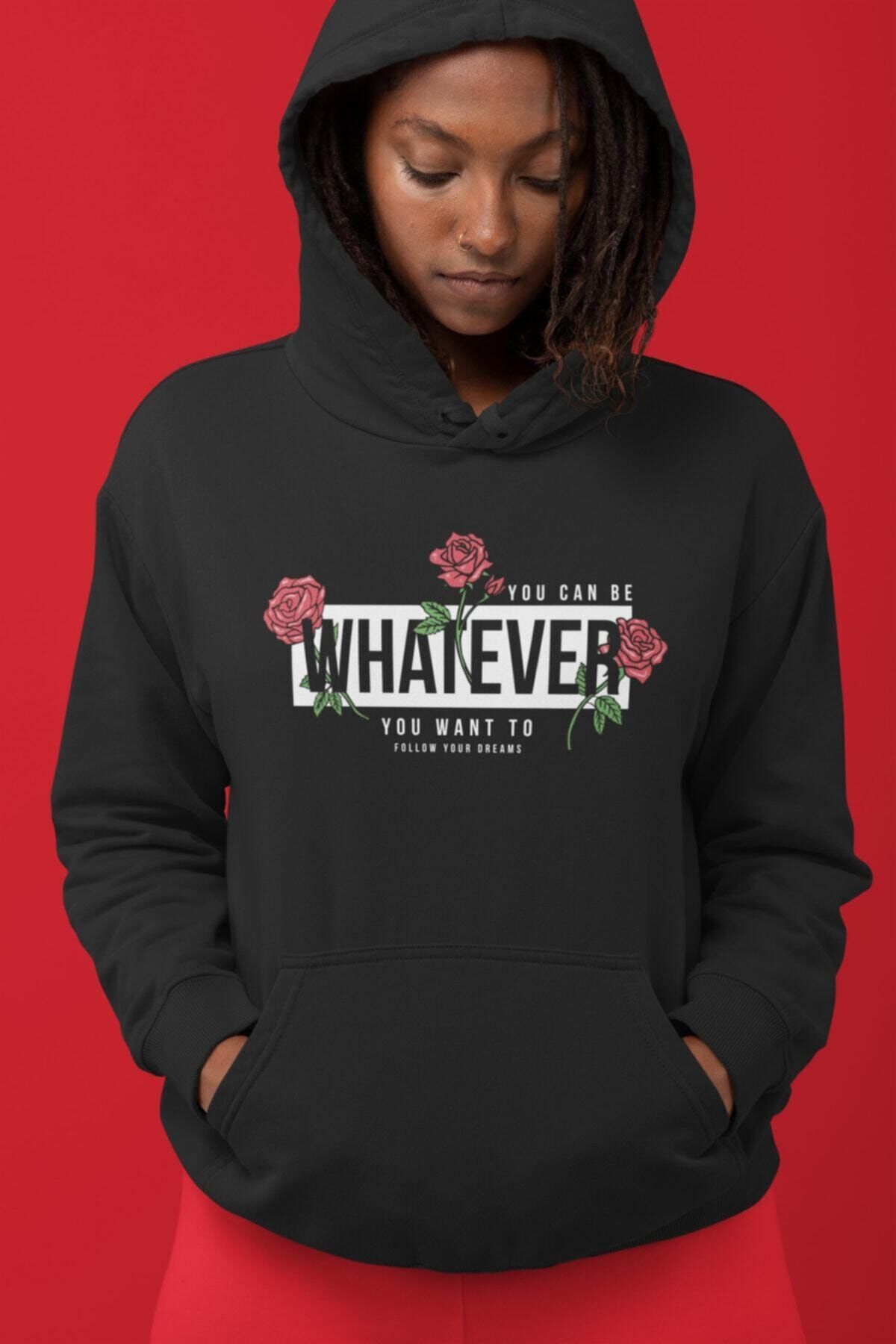 Unisex Siyah Whatever Rose Kapüşonlu Sweatshirt