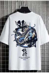 Unisex Snake Sırt Baskılı Oversize Beyaz Tshirt-alttext1