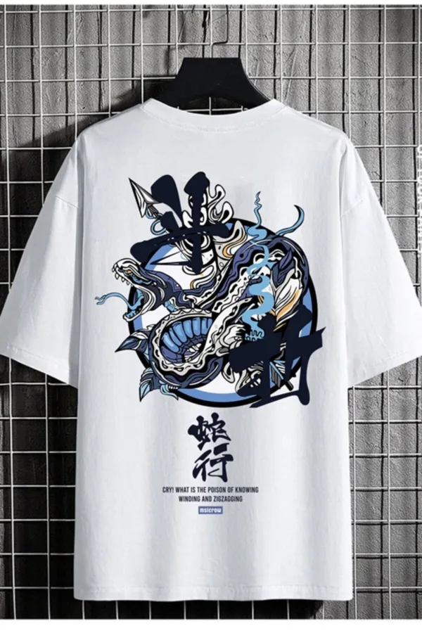 Unisex Snake Sırt Baskılı Oversize Beyaz Tshirt - M-alttext1