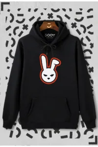 Unisex Tavşan Baskılı Siyah Kapüşonlu Sweatshirt-alttext1