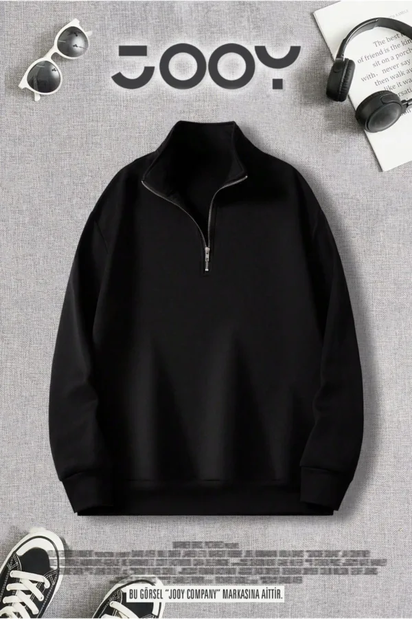 Unisex Yarım Fermuarlı Siyah Sweatshirt - S-alttext1