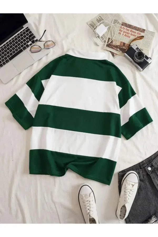 Unisex Yeşil Beyaz Çizgili Yarım Fermuarlı Polo Yaka T-Shirt - L-alttext2