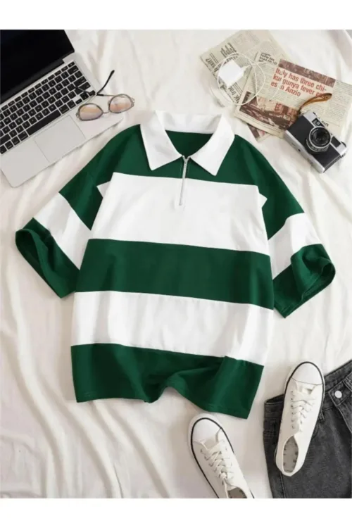 Unisex Yeşil Beyaz Çizgili Yarım Fermuarlı Polo Yaka T-Shirt