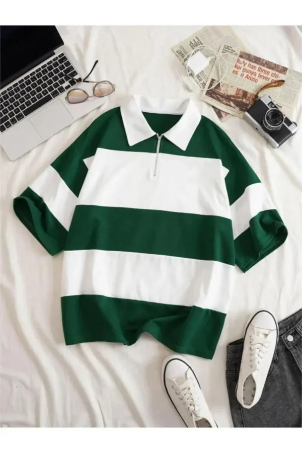 Unisex Yeşil Beyaz Çizgili Yarım Fermuarlı Polo Yaka T-Shirt - L-alttext1