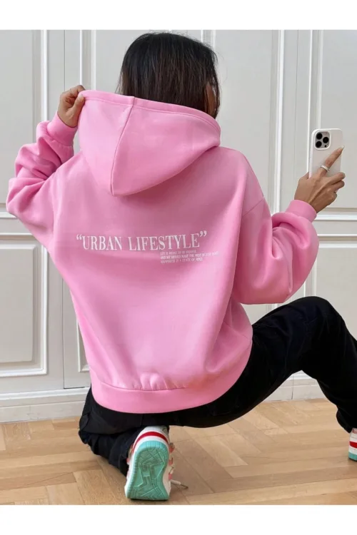 Urban Lifestyle Kadın Pembe Kapüşonlu 3 İplik Sweatshirt Hoodie