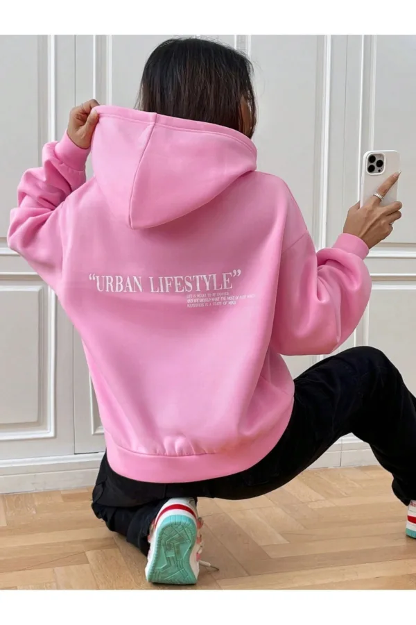 Urban Lifestyle Kadın Pembe Kapüşonlu 3 İplik Sweatshirt Hoodie - M-alttext1