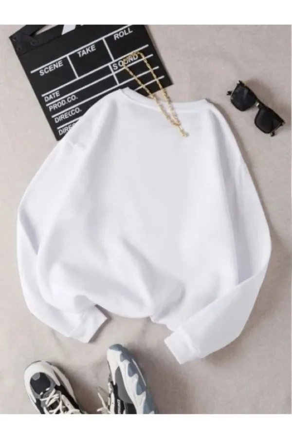 Utangaç Ayıcık Baskılı Bisiklet Yaka Beyaz Kadın Sweatshirt - XL-alttext2