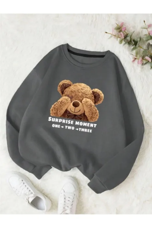 Utangaç Ayıcık Baskılı Bisiklet Yaka Duman Gri Kadın Sweatshirt