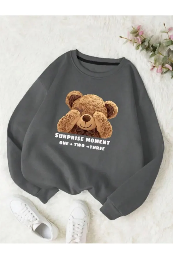 Utangaç Ayıcık Baskılı Bisiklet Yaka Duman Gri Kadın Sweatshirt - L-alttext1