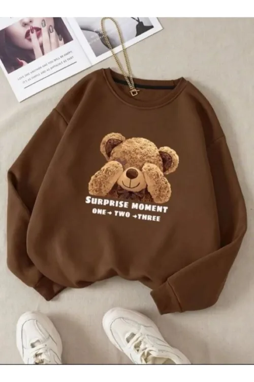 Utangaç Ayıcık Baskılı Bisiklet Yaka Kahverengi Kadın Sweatshirt
