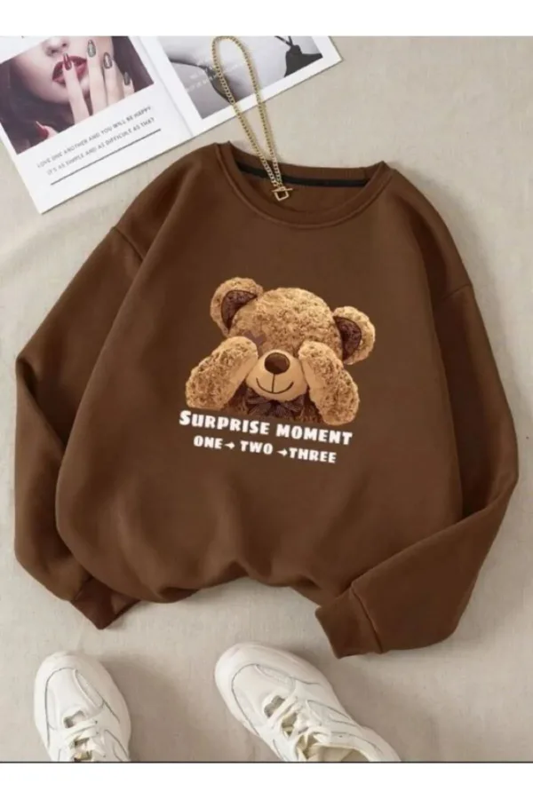 Utangaç Ayıcık Baskılı Bisiklet Yaka Kahverengi Kadın Sweatshirt - M-alttext1