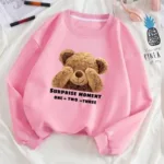 Utangaç Ayıcık Baskılı Bisiklet Yaka Pembe Kadın Sweatshirt - M-alttext1