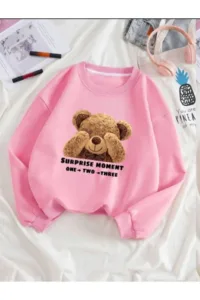 Utangaç Ayıcık Baskılı Bisiklet Yaka Pembe Kadın Sweatshirt-alttext1