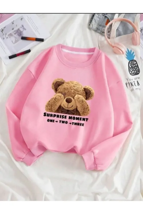 Utangaç Ayıcık Baskılı Bisiklet Yaka Pembe Kadın Sweatshirt