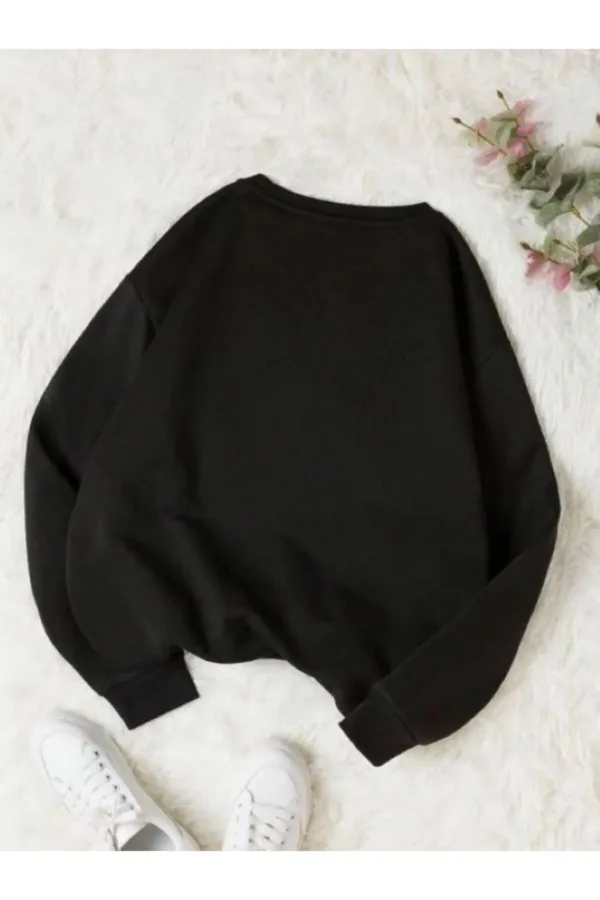 Utangaç Ayıcık Baskılı Bisiklet Yaka Siyah Kadın Sweatshirt - XL-alttext2