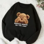 Utangaç Ayıcık Baskılı Bisiklet Yaka Siyah Kadın Sweatshirt - XL-alttext1