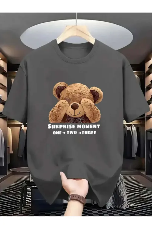 Utangaç Ayıcık Baskılı Duman Gri Oversize T-Shirt
