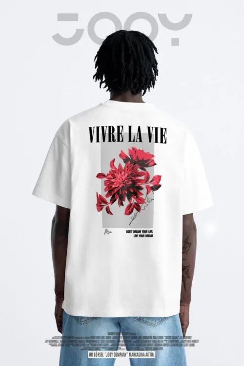 Vivre La Vie Baskılı Beyaz Oversize Tshirt