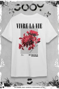 Vivre La Vie Baskılı Beyaz Oversize Tshirt-alttext1