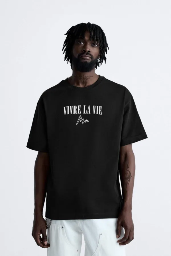 Vivre La Vie Baskılı Siyah Oversize Tshirt - S-alttext2